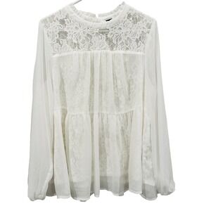 Torrid White Lace Shirt 1X(14-16) Sheer Long Sleeve Tiered Blouse-Boho Whimsical